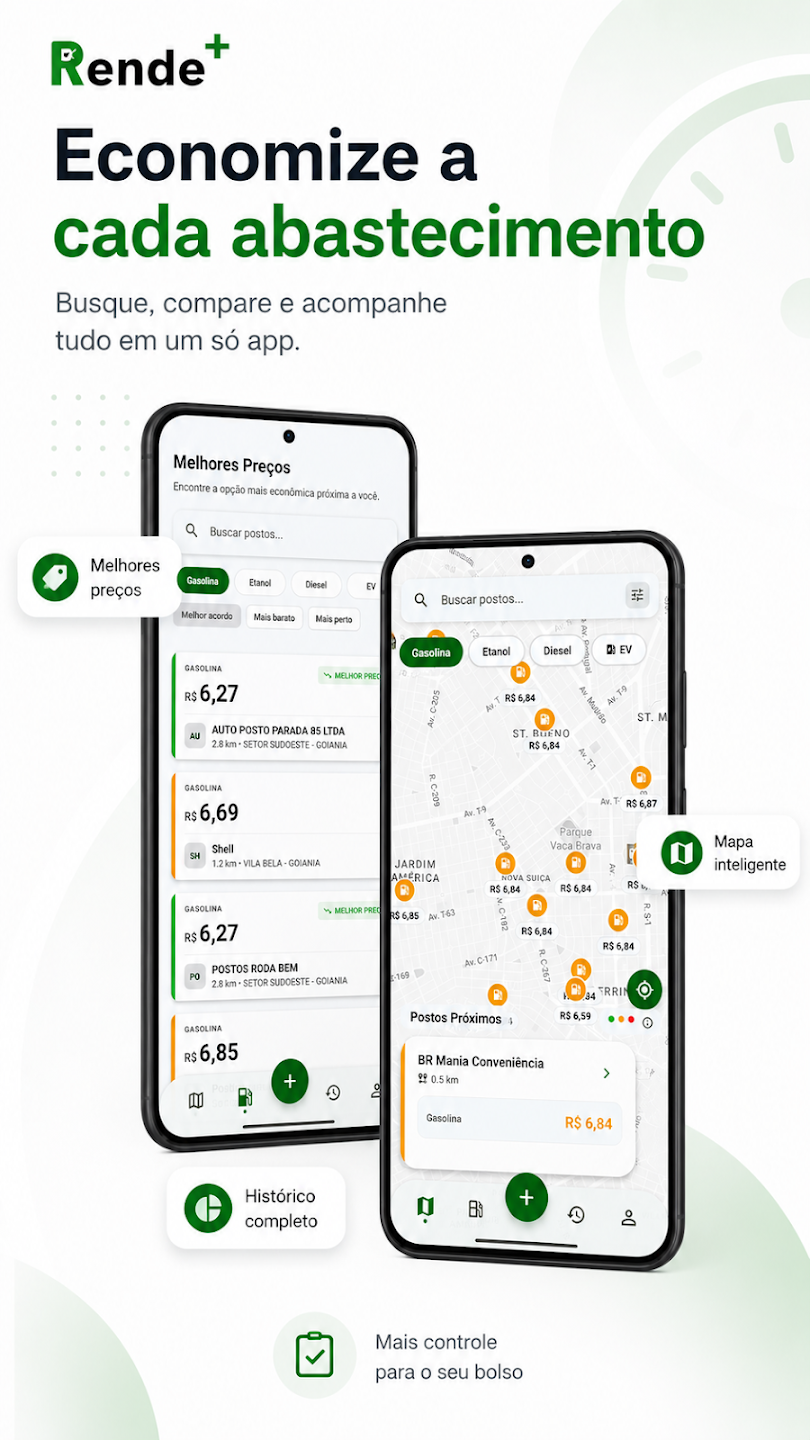 Imagem oficial do Rende+ mostrando comparação de preços e postos no mapa